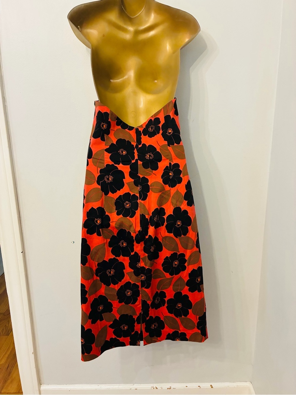 Helen Wang Strapless Floral Dress Orange Black Retro Midi Cocktail Dress - Picture 4 of 5